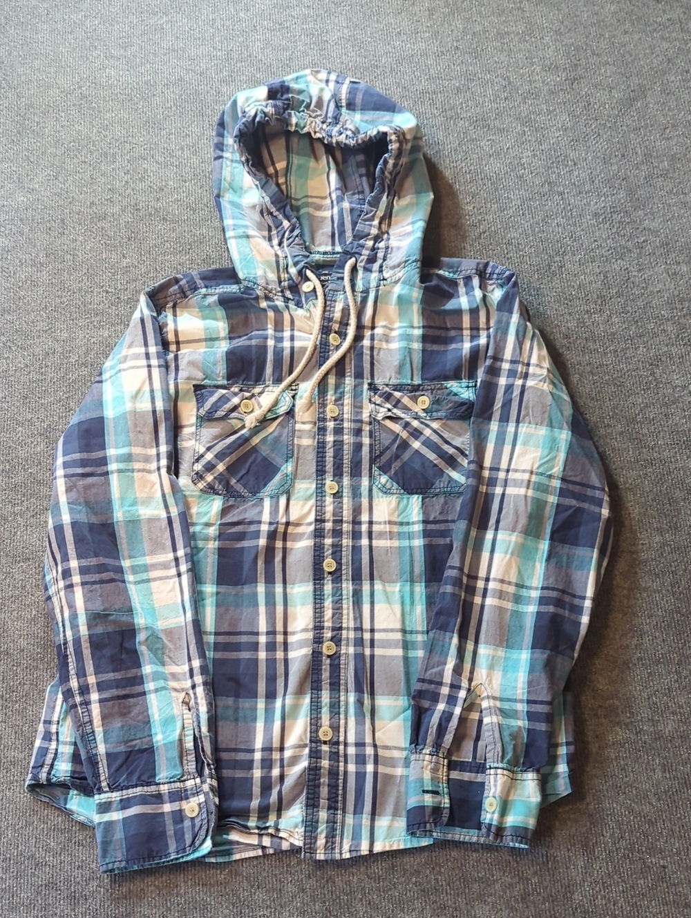 Bluenotes Men's Blue Plaid Hooded Button-Down Shirt Size L